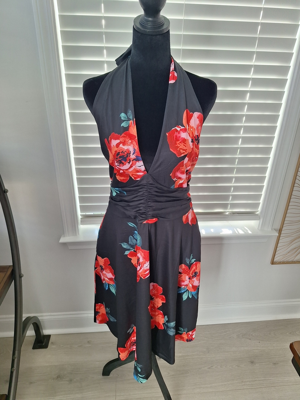 Halter Midi Dress in Black with Red Floral